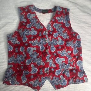 Willowbend Vintage Red Floral Denim Vest XL Cotton Button Front Made in USA Boho